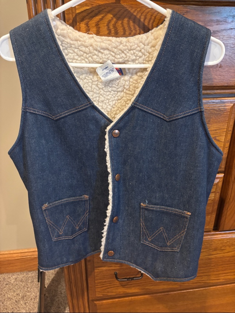 Wrangler Dark Blue Denim Vest with Cream Sherpa Lining